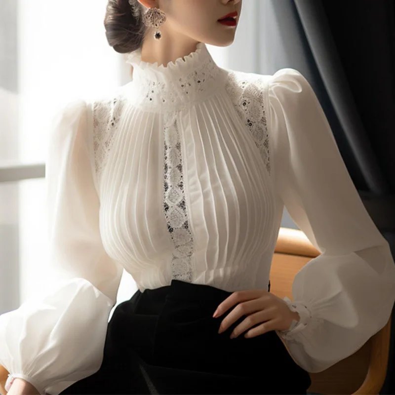 RNSHANGER Stand Collar Ruched Patchwork Lace Blouse