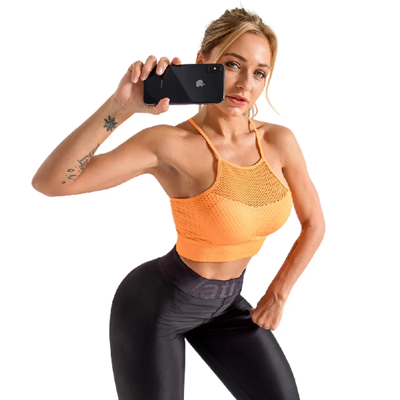 

Padded halter supportive nursing seamless crop top tank yoga women ribbed sport bra top mesh, 4 colors