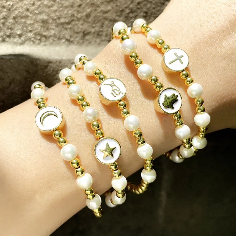 

New Arrival Women Pearl Bracelet Cross Star Moon Elastic Bracelet