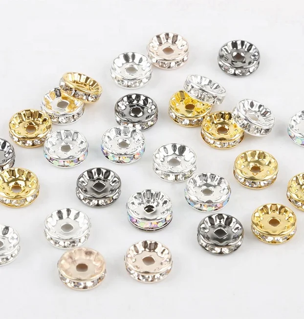 

AA Rhinestone Spacer Beads for Jewelry Making DIY Rose Gold Metal Silver Color Rondelle Crystal Spacer Copper Material, Plated color