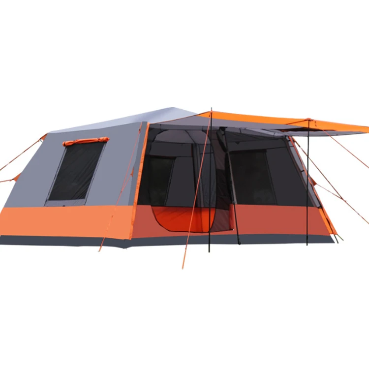 

8-10 Persons Outdoor Automatic Waterproof 2 Bedrooms 1 Living Room Big Family Tent, Orange red and gray