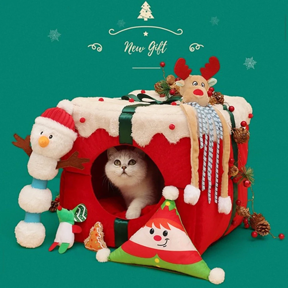 

Pet House Cat Dog Cute Christmas Gifts Box Shape Kennel Puppy Washable Cave Warm Sleep Beds