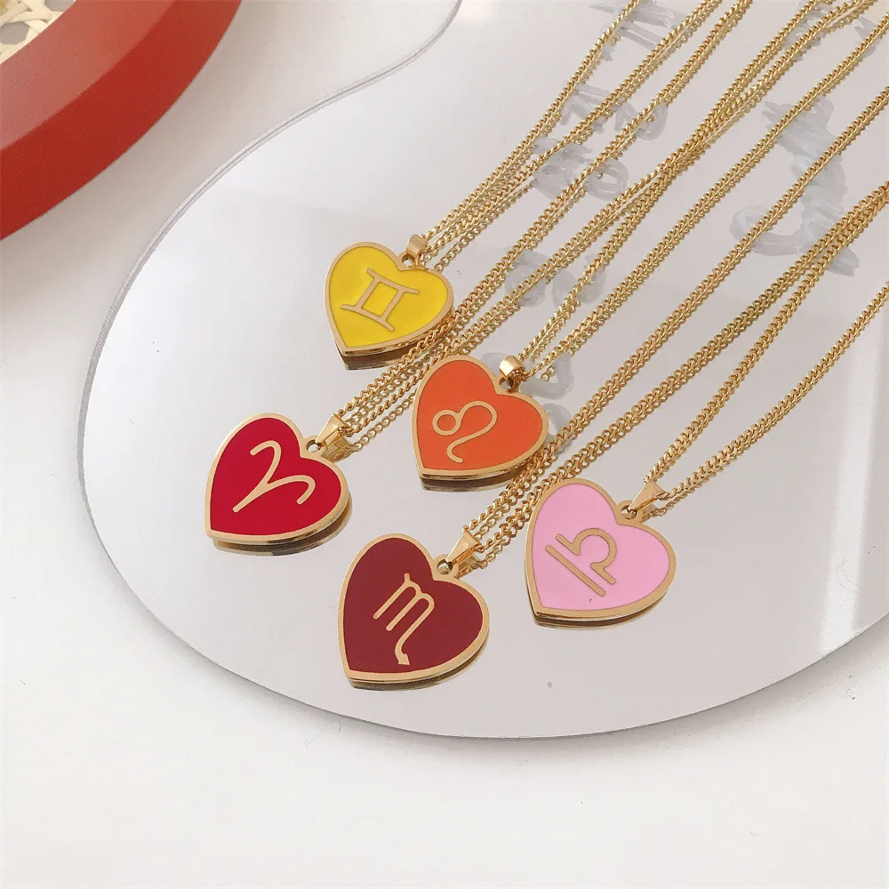 

2022 Newest Design Colorful Enamel Astrology Red Heart Pendant Necklace Stainless Steel Horoscope 12 Zodiac Sign Necklace