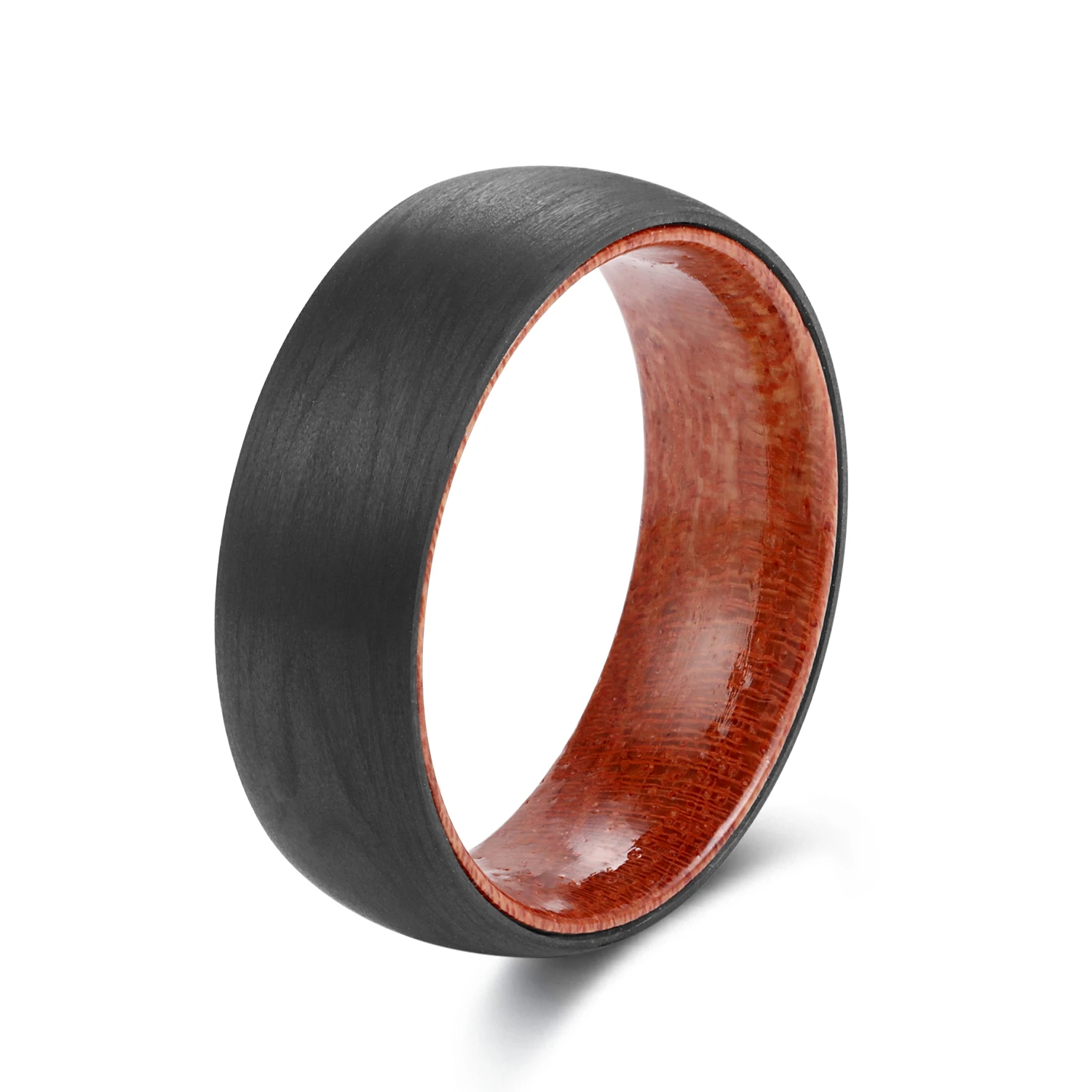 POYA Jewelry  8mm Black Flat Top Carbon Fiber Solid Wood Ring for Man