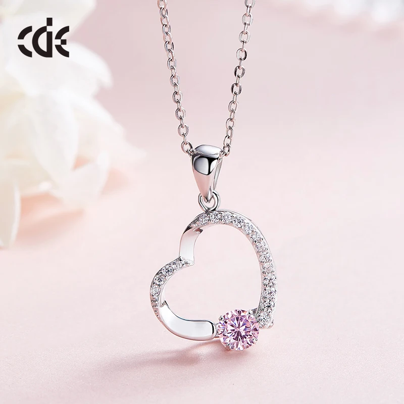 

CDE YP1055 Romantic 2023 Silver Jewelry 925 Sterling Silver Necklace Rhodium Plated Pink Heart-Shaped Pendant Necklace Heart