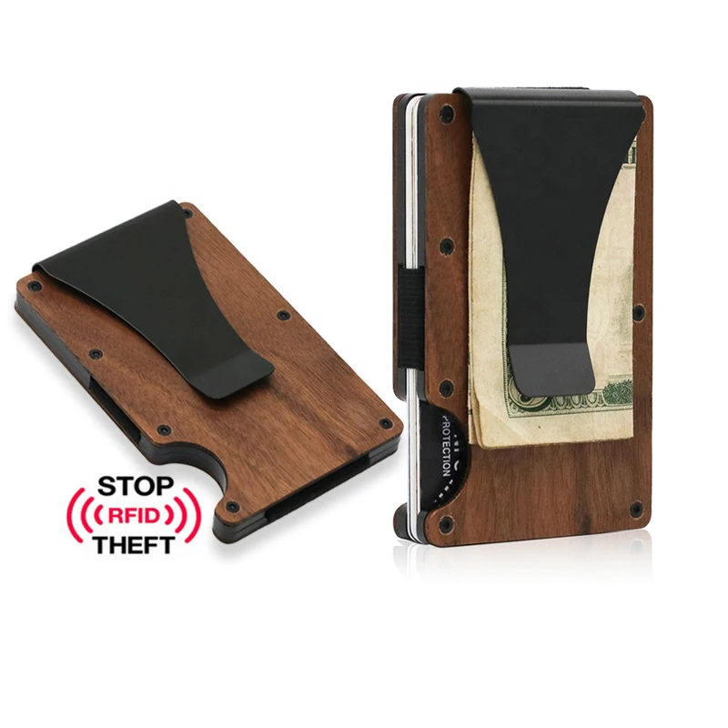 

New design Metal Wallet Natural Wood Money Cash Clip Wooden Case Slim RFID Blocking, Optional