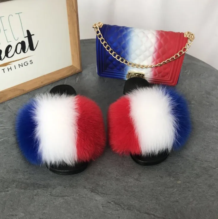 

Fur Slides and Purse Set Cute Fluffy Fox Fur Slippers Colorful Chain Jelly Bag Girl Party Shoes Fashion Shoulder Bag