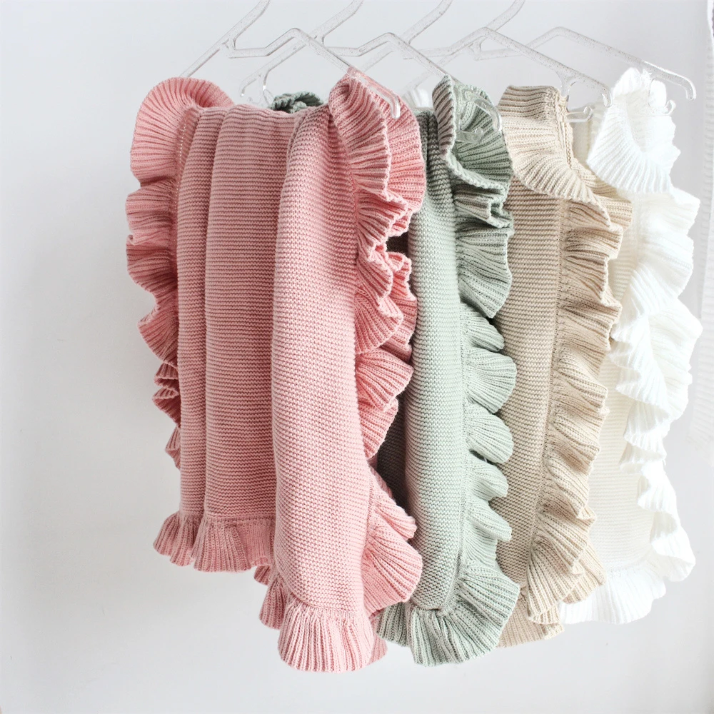 

Soft Cozy Warm Lace Knitted 100% Cotton Baby Swaddle Blankets with Ruffles Newborn Nursery Blanket