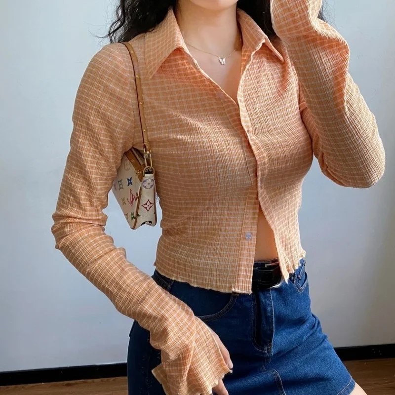 

Plaid Cardigan Vintage Long Sleeve Y2k Shirts Bodysuit Women 90s Aesthetic Plus Size Button Up Ladies Blouse Korean 3XL, Blue orange green