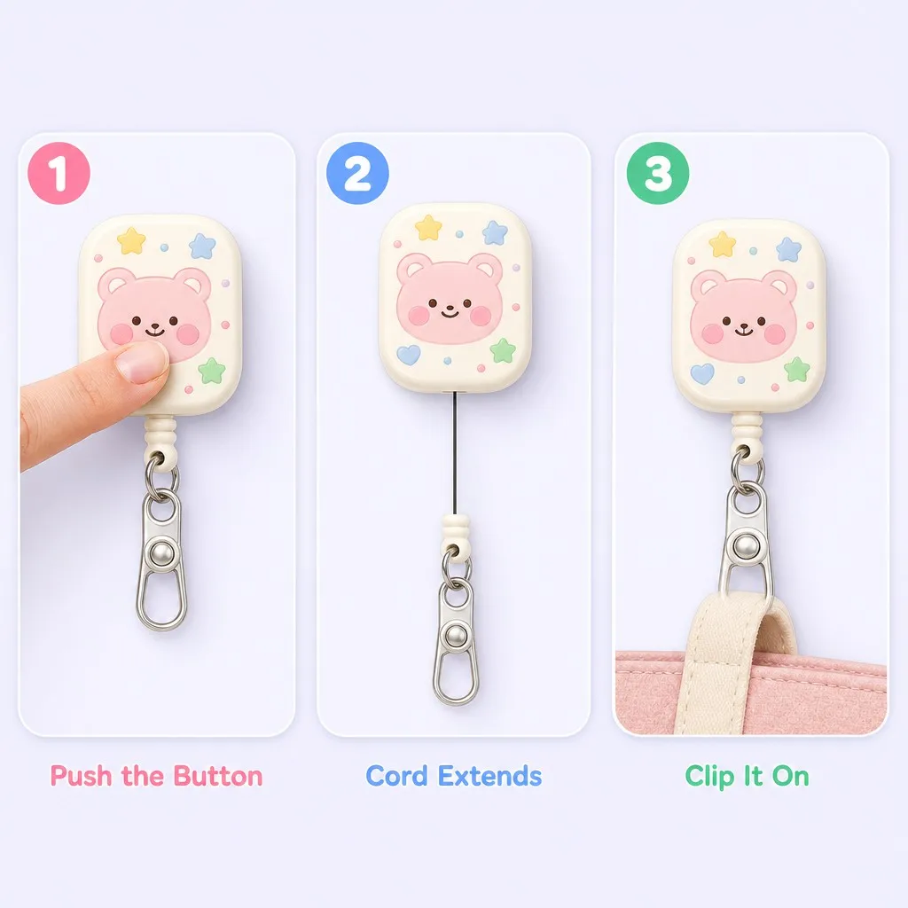 White bunny cartoon badge reel front view