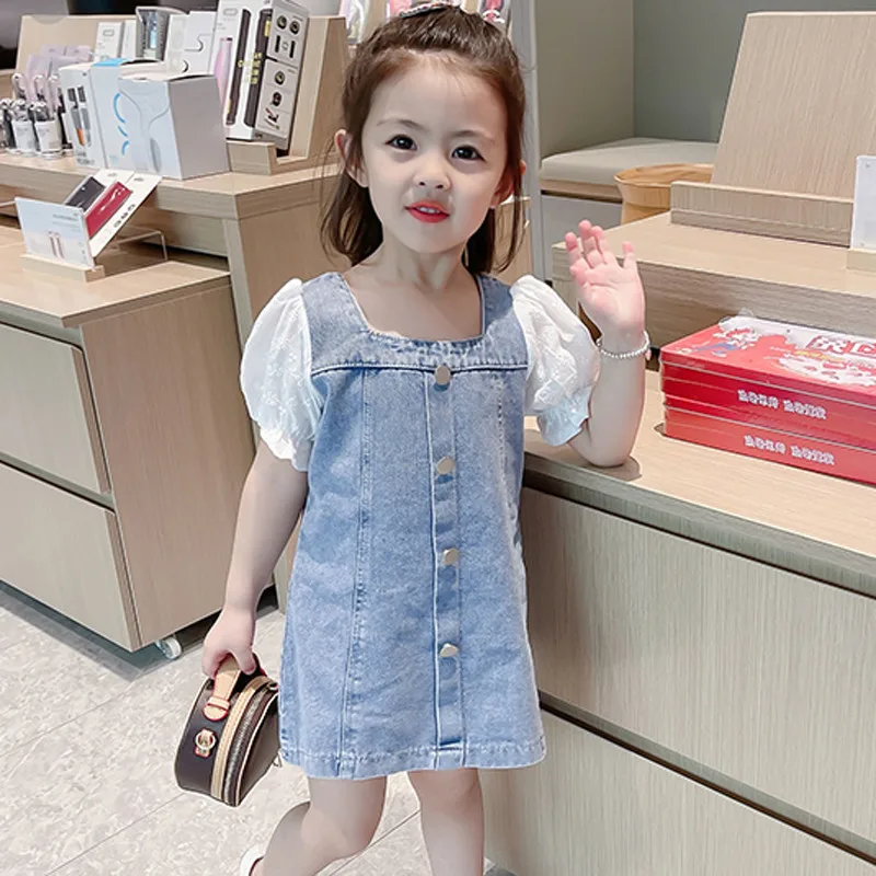 

Girls bubble sleeve dress 2021 new children's summer dress denim skirt girls super western princess skirt, Blue