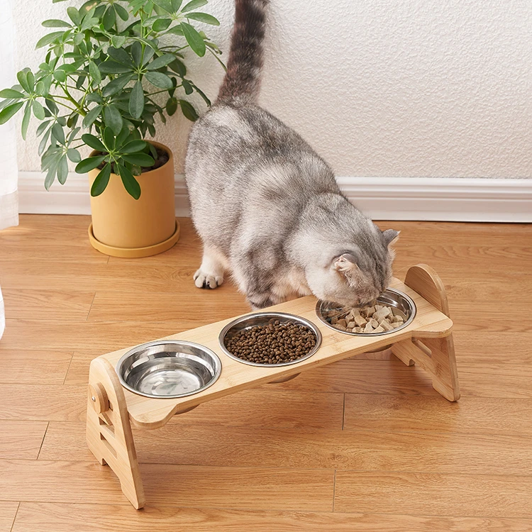 

New product ideas 2021 Pets Triple cat bowl raised wooden frame Food Bowl for cat