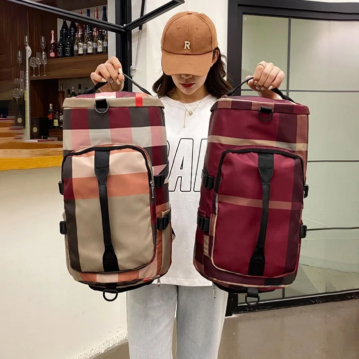 

Fashion Luxury Plaid Big Sport Dry Wet Separation Waterproof Adjust Buckle Side Pocket Gym Travel Backpack with Shoe Compartment