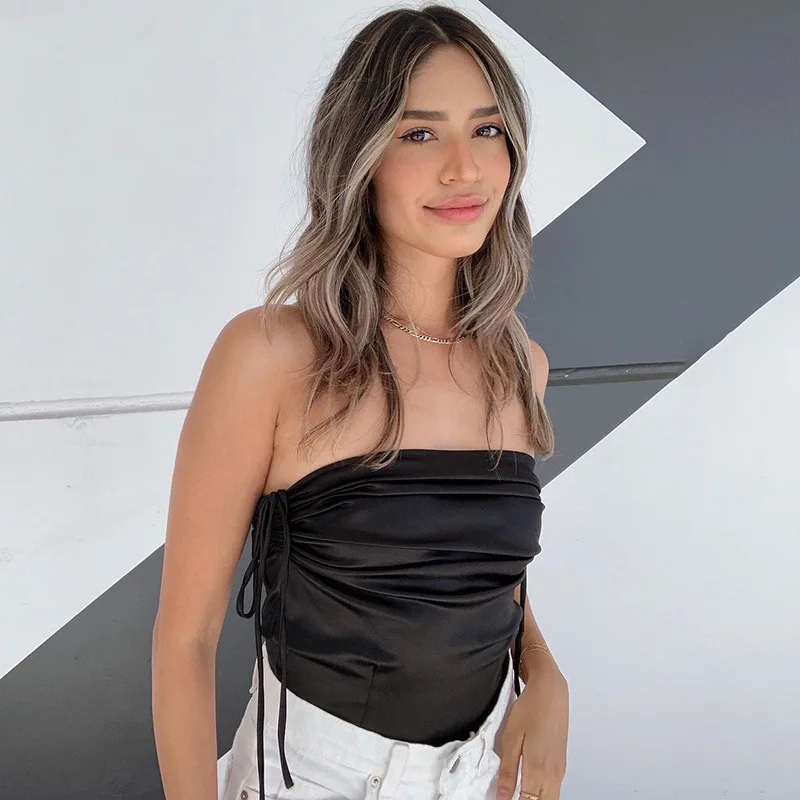 

Women Solid Color Tank Top Vest Sexy Pleated Tube Top Summer New Slim Side Lace-Up Casual Vest At Home Seamless Women Tube Top