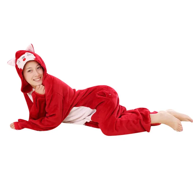 

Cosplay Cat Onesie Adult Costume Red Flannel Fleece For Women Pajamas Winter Sleepwear For Halloween Animal Pijamas
