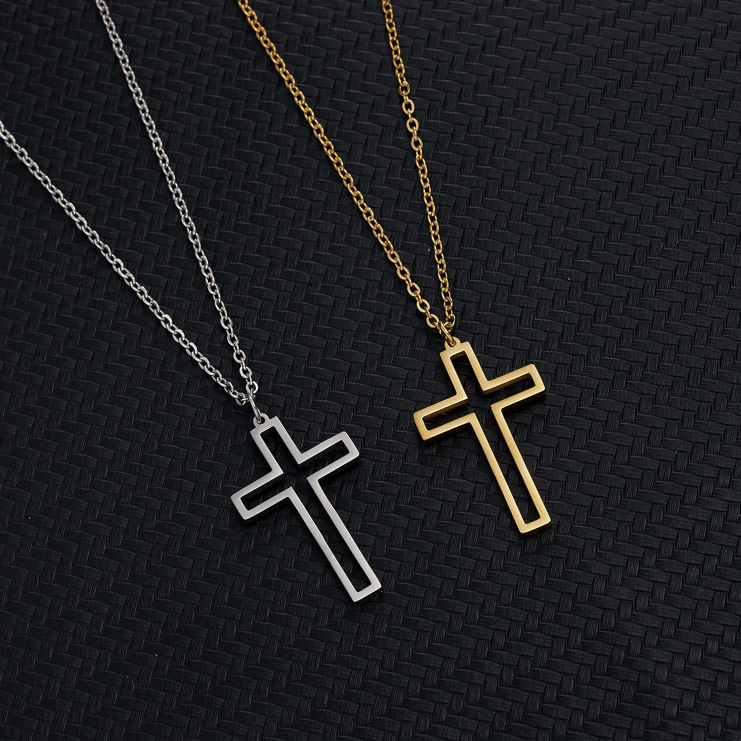 

Europe and America Fashion Stainless steel cross Hollow Necklace Christian gifts Titanium steel sweater chain Pendant jewelry