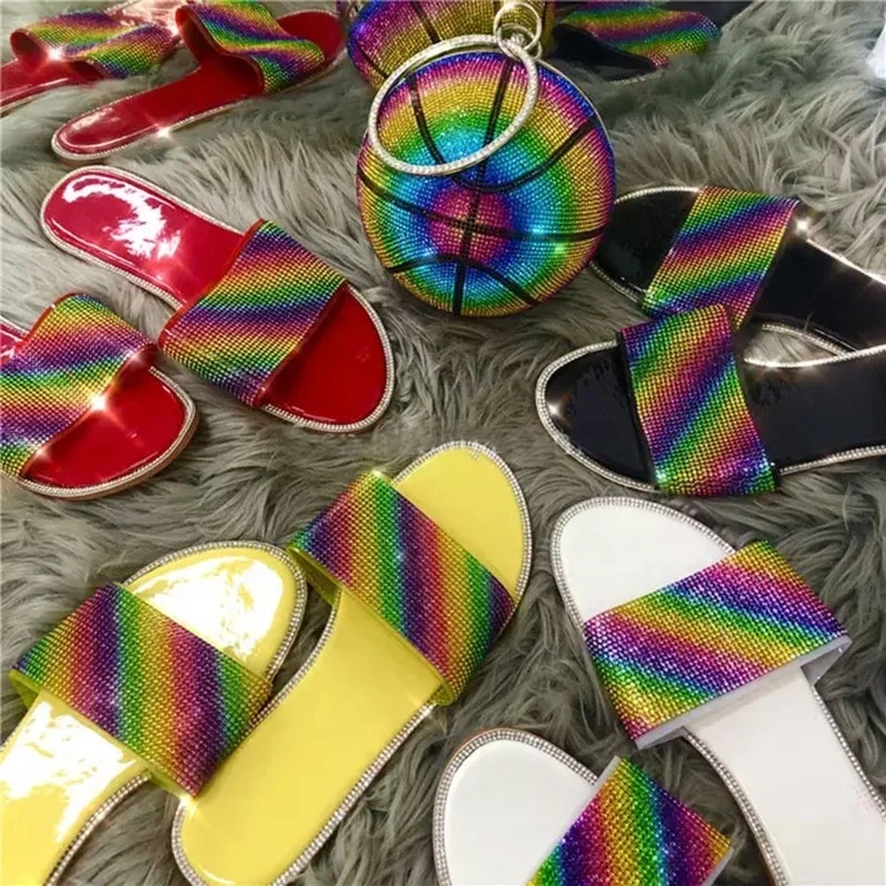 

hot sale multi crystal women sandals with drawstring purses luxury flat sandals and handbag sets for lady and women