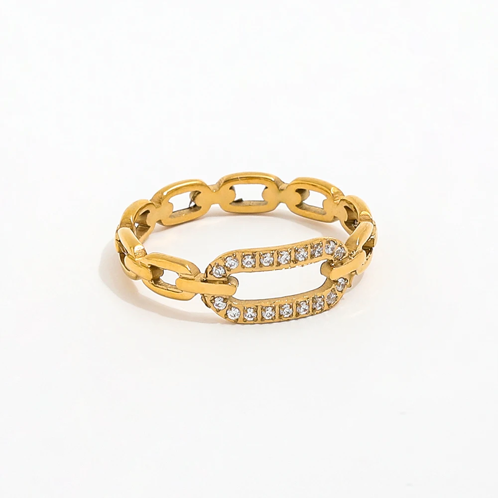 Joolim Jewelry Wholesale 18K Gold Plated Hollow Link Chain Zirconia CNC Inlay Stainless Steel Ring for Women Ring