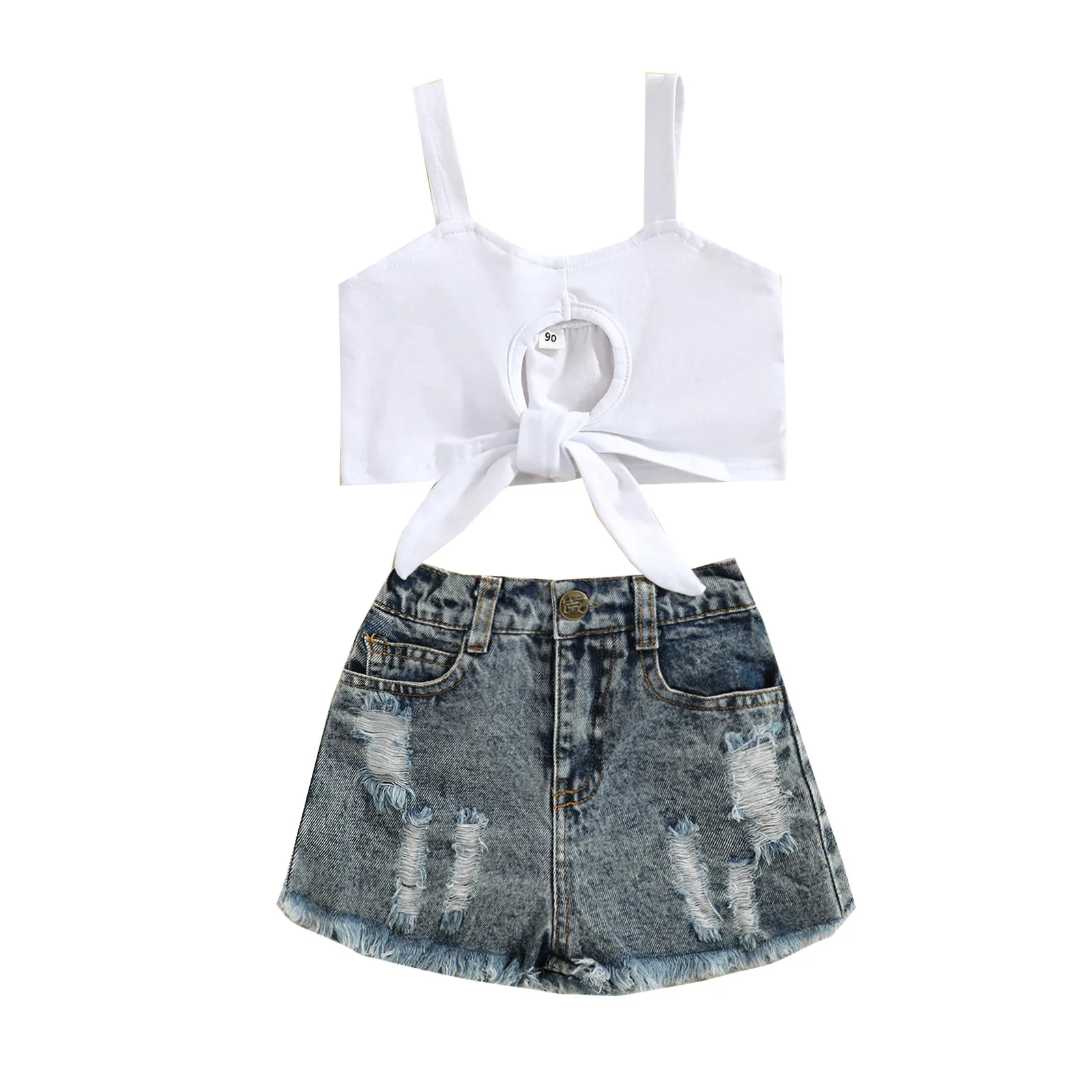 

2021 New Summer Girls Wear Sleeveless Suspender Piercing White Vest Blouse Ripped Denim Shorts 2pcs Children Clothes, Picture shows