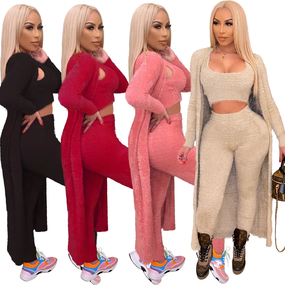 

custom logo 2022 fall clothing wear plush sweat suits winter pink 3 piece thick sets for women