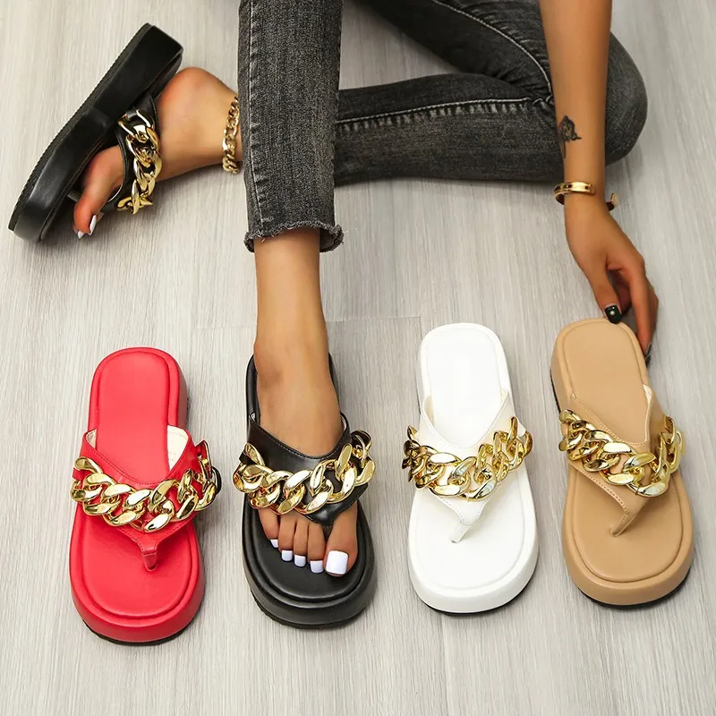 

Drop Shipping Wholesale sandalias para dama mujer Ladies flats sandal Slides Flip Flops fashion Chain Sandales For Women, Brown/black