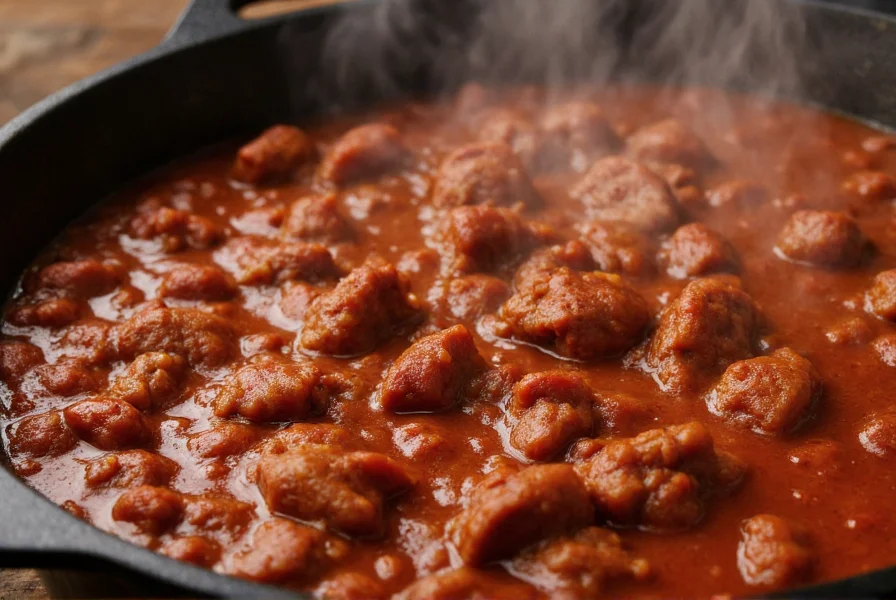 Texas-style chili con carne in a cast iron pot with steam rising, featuring rich red color and tender beef chunks