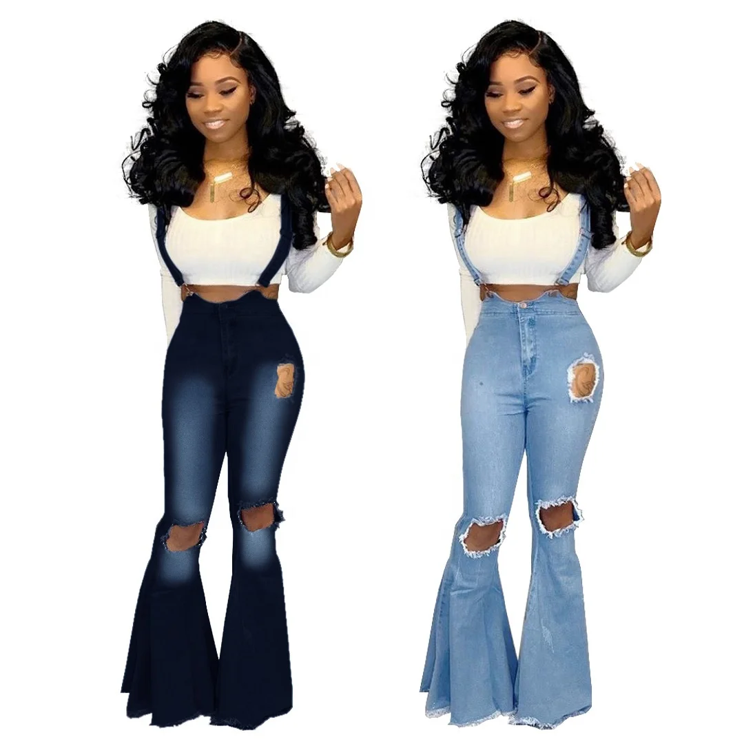 

AI12-2093 European and American fashion versatile wide leg knee hole Women jeans micro speaker strap pants bell bottom jeans