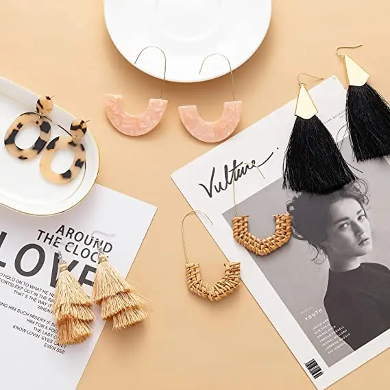 

2021 New Rattan Earrings for Women Handmade Boho Tassel Acrylic Light Earrings