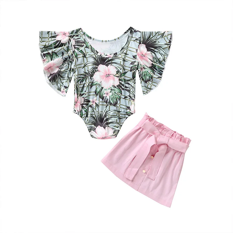 

637 Summer Baby Girls Clothing Newborn Infant Cotton Print Jumpsuit Bodysuit Flare Sleeve Romper Tops+Skirts Clothes Set Toddler, As the picture shows
