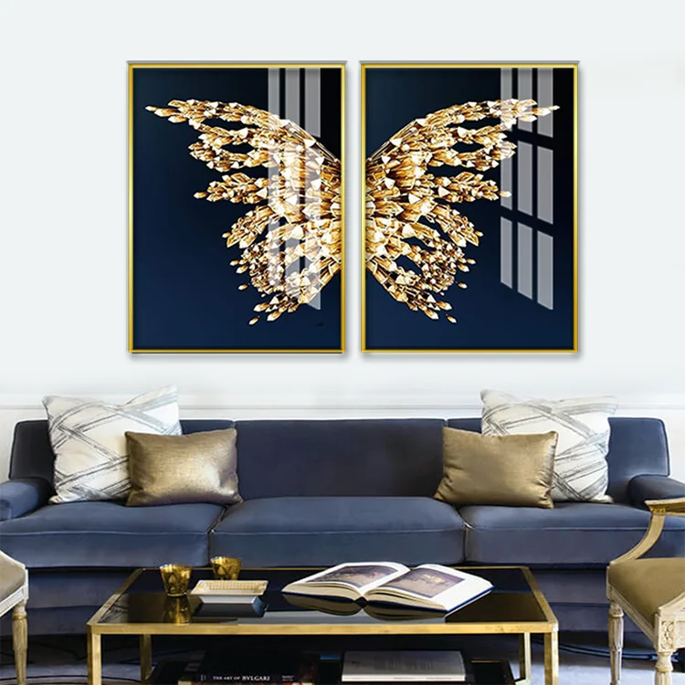 Wholesale Golden Butterfly Nordic Abstract Modern  Diamond Crystal Porcelain Painting Wall Art Living Room Wall Decoration Art