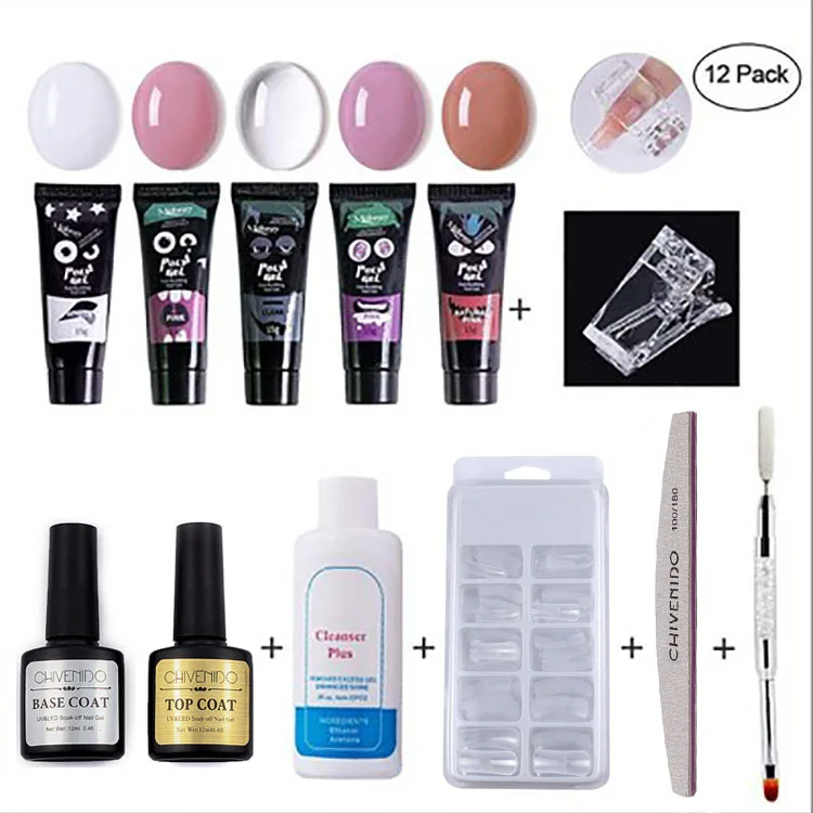

Professional Customized Logo 12 pcs Nails Accesories Art Gel Extension Poly Gel Started Kit with Finger Clip, 5 color
