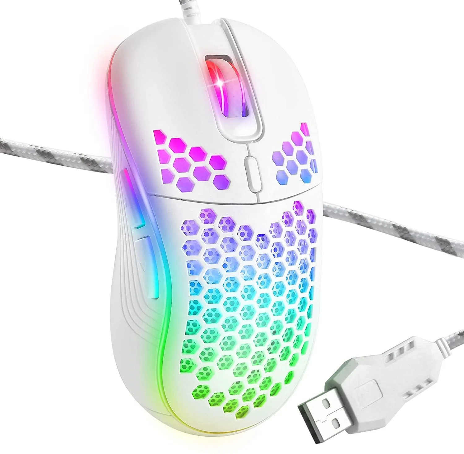 

Optical White Gaming Mouse Honeycomb Wired RGB Backlight and 8000 Adjustable DPI Ergonomic and Lightweight USB Computer Mouse