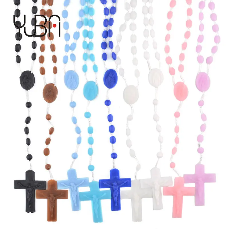 

Cheap Jesus Plastic Rosary Necklace multicolor Cord luminous Catholic Rosary