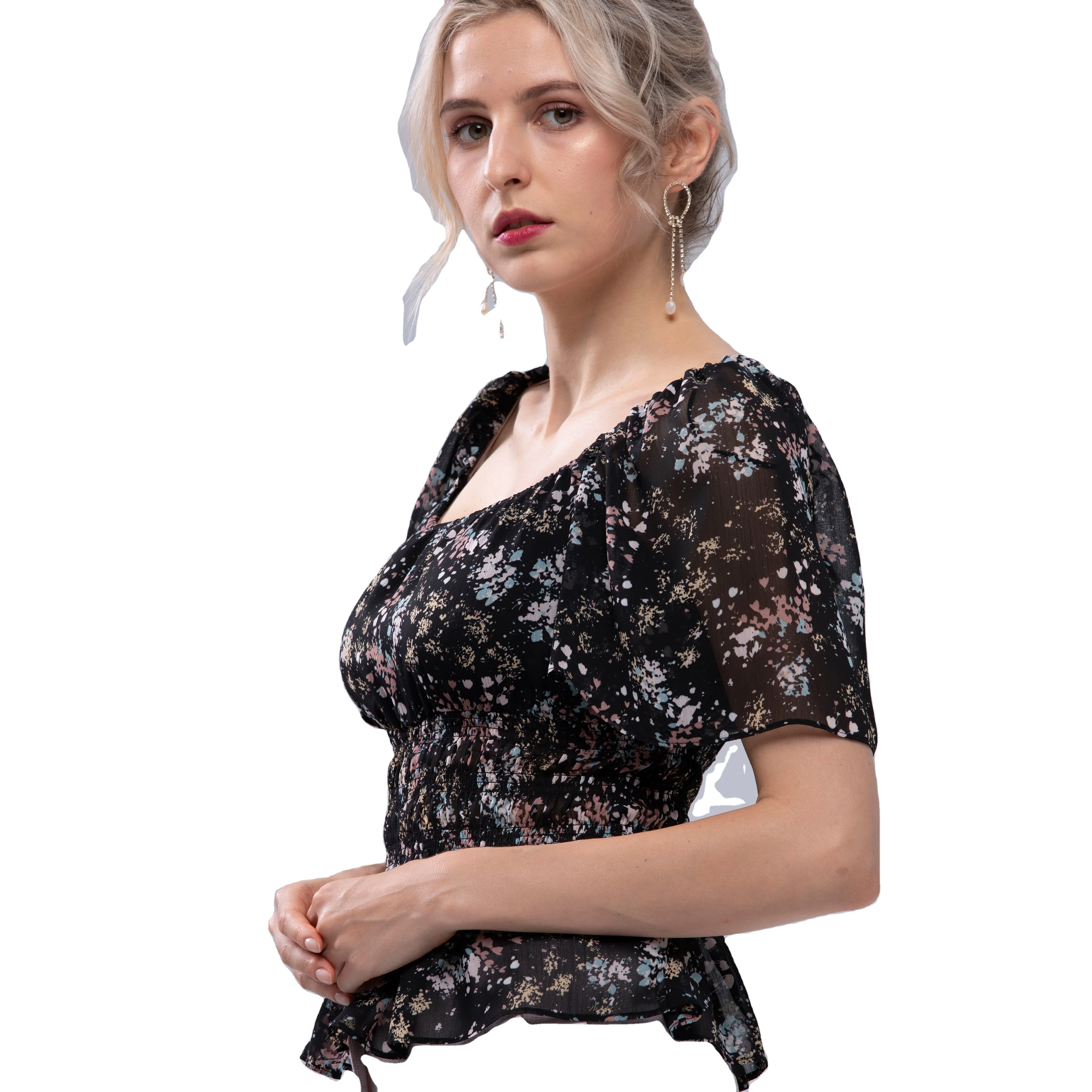 

Ladies Summer Casual Elegant Short Sleeve Square Neck Shirts Tops Blouses for Women