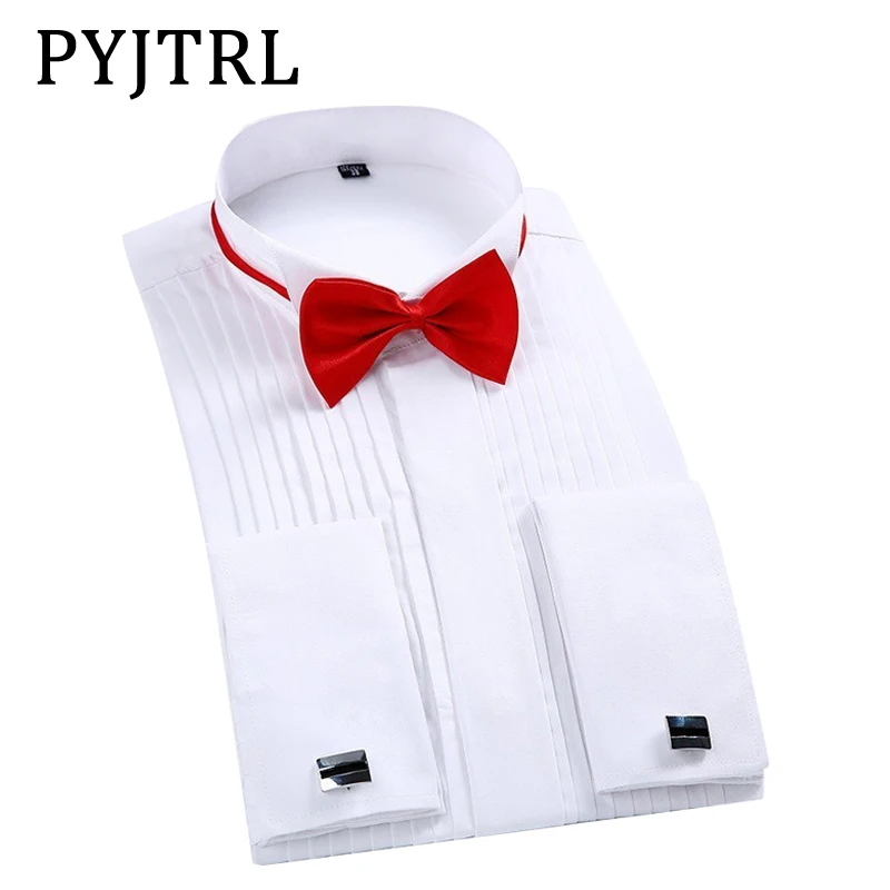 

PYJTRL Male Classic Wedding Bridegroom Dress White Tuxedo Formal Shirt Gentleman Long Sleeve Slim Men Solid Color Chemise Homme, White,black,red