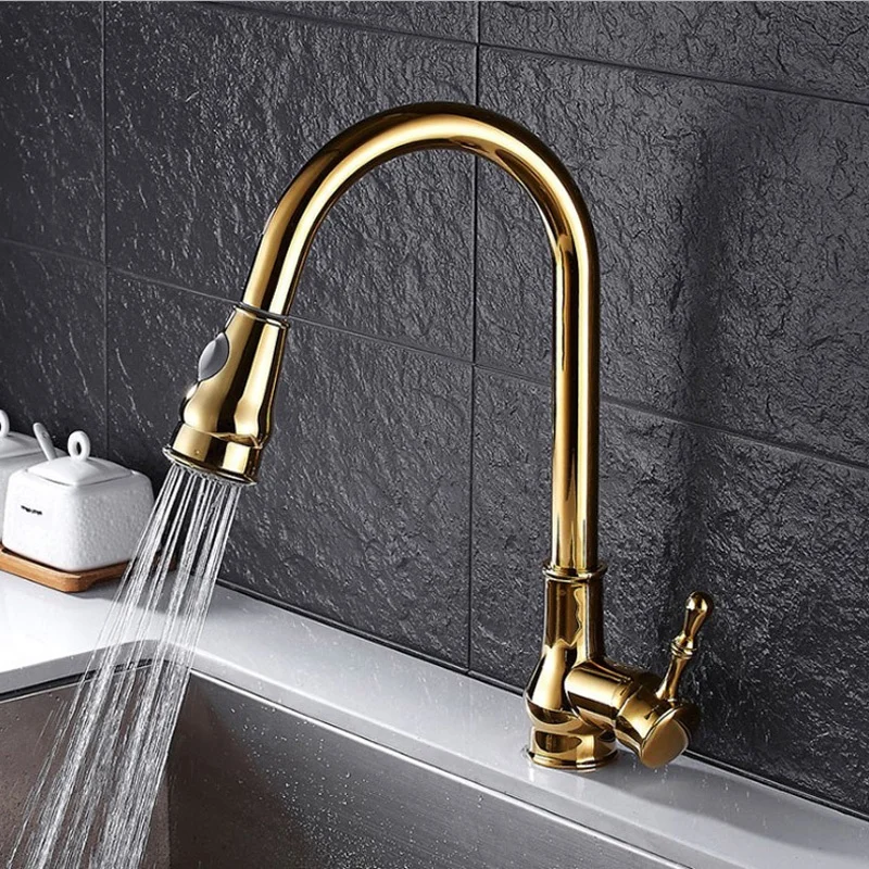 China Gold Water Mixers Sing Handle Pull Out Kitchen Faucet For Sink