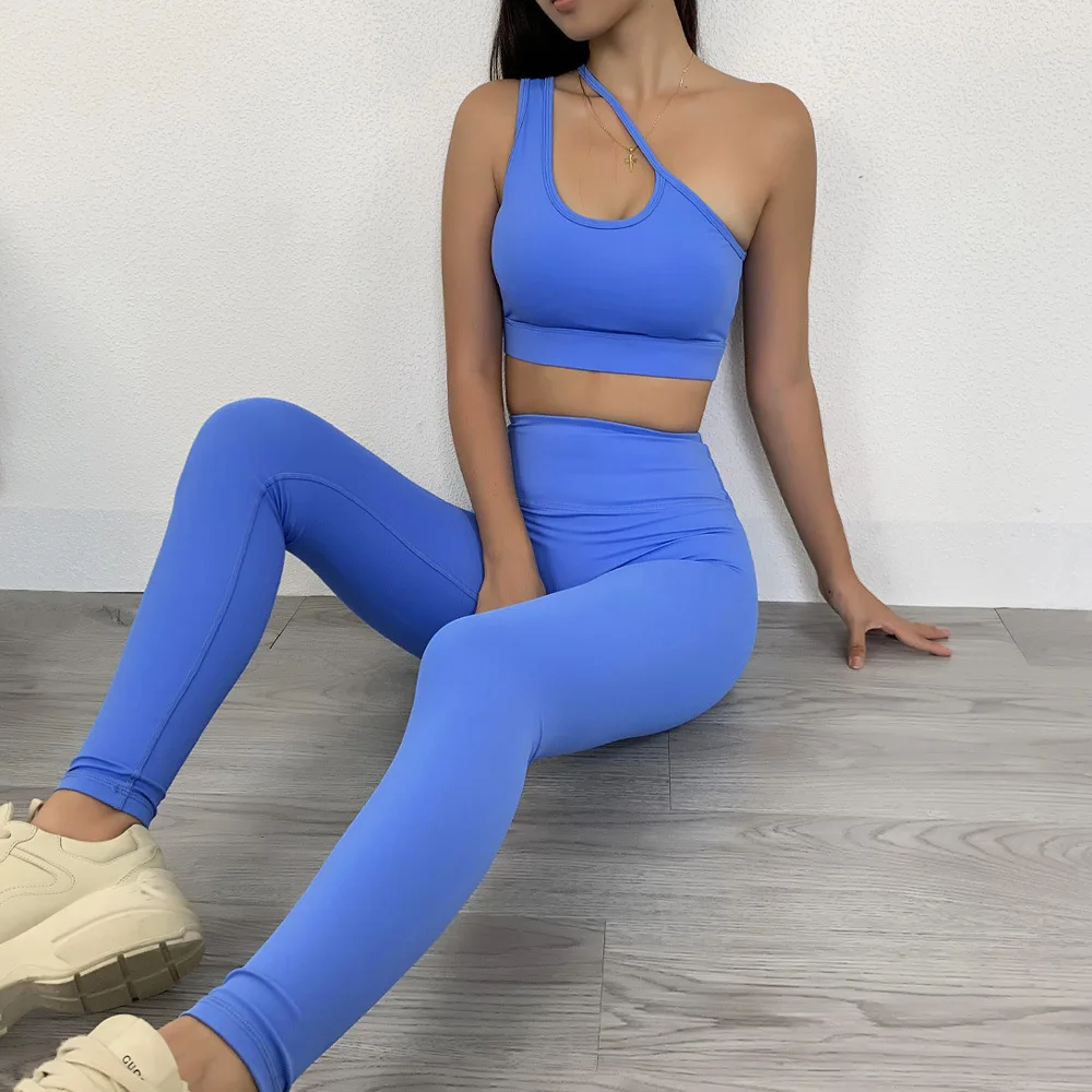 

Ropa Mujer Deportiva Plain Color Inclined Shoulder 2 piece Gym Sports Wear Women Fitness Clothing Set For Running Sports