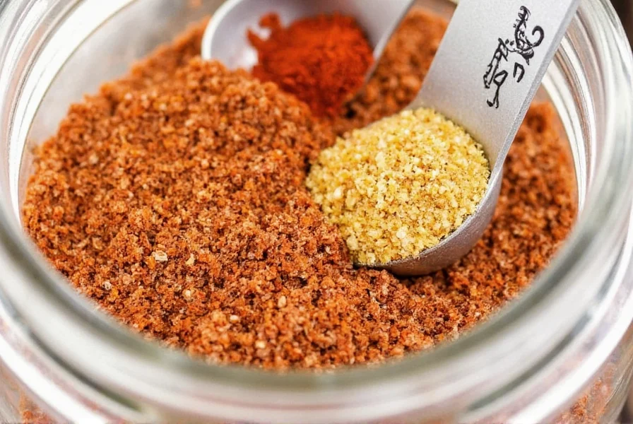 Close-up of homemade Cajun seasoning blend in glass jar with measuring spoons showing paprika, cayenne, garlic powder