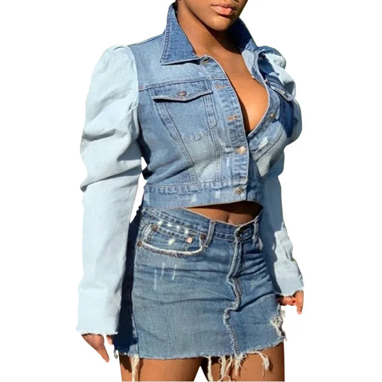 

2021 new arrival women's jean joint jacket plus size single breast bubble sleeve patch pocket women's clothing, Customized color/as show