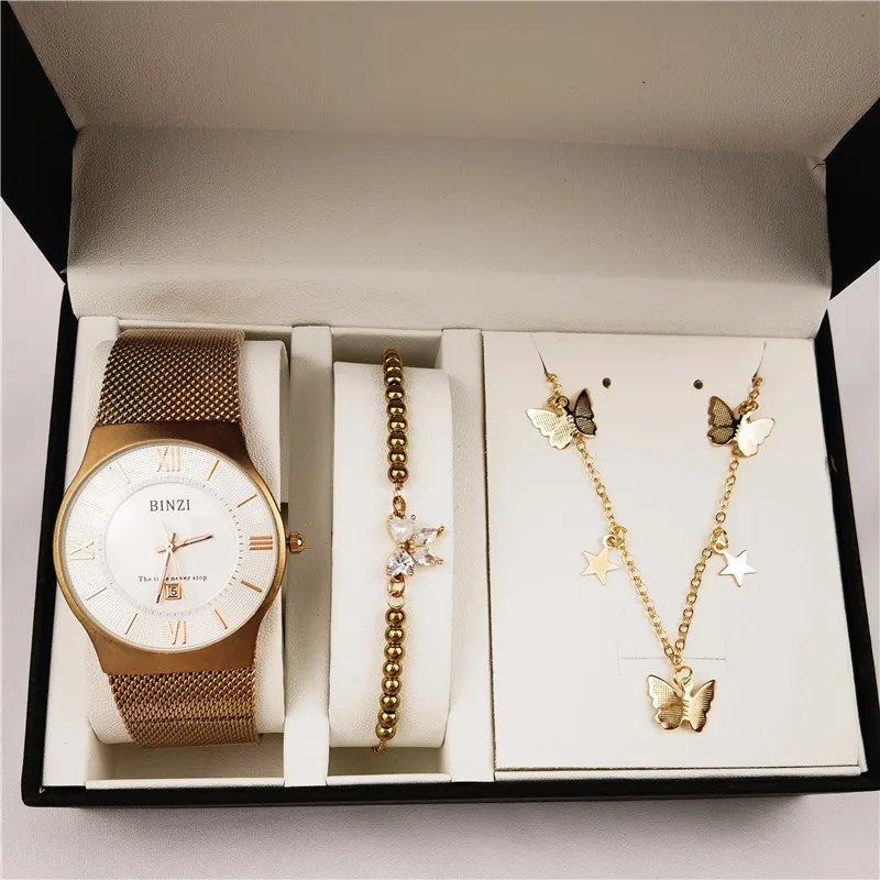 

Fashion Couple Steel Strap Watch Set Bracelet Necklace Hot Sale Waterproof Men Women Student Calendar Rose Gold Watch, Picture