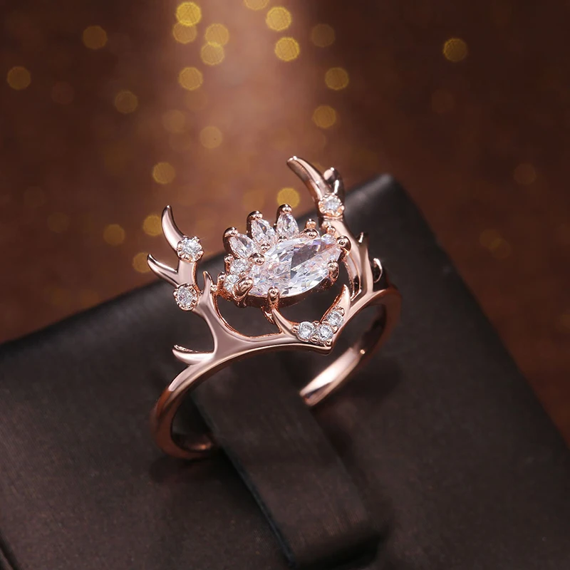 

Exquisite Design Cute Elk Antlers Deer Girl Ring Rose Gold Woman Zircon Ring Jewelry Gift