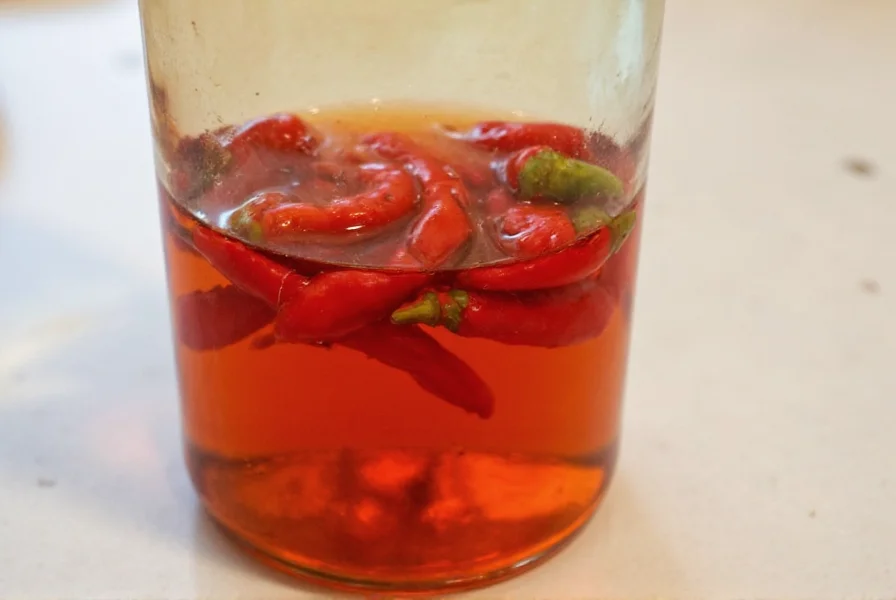 Hawaiian chili peppers steeping in vinegar solution for garden use