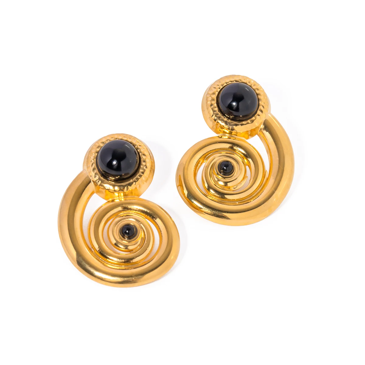 

J&D Jewelry Waterproof 18K Real Gold Plated Stainless Steel Black Stone Thick Spiral Hoop Earring