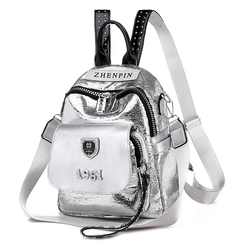 

2020 Casual Wome Girls Mini Shiny Bag Small Ladies Backpack, Black,sliver
