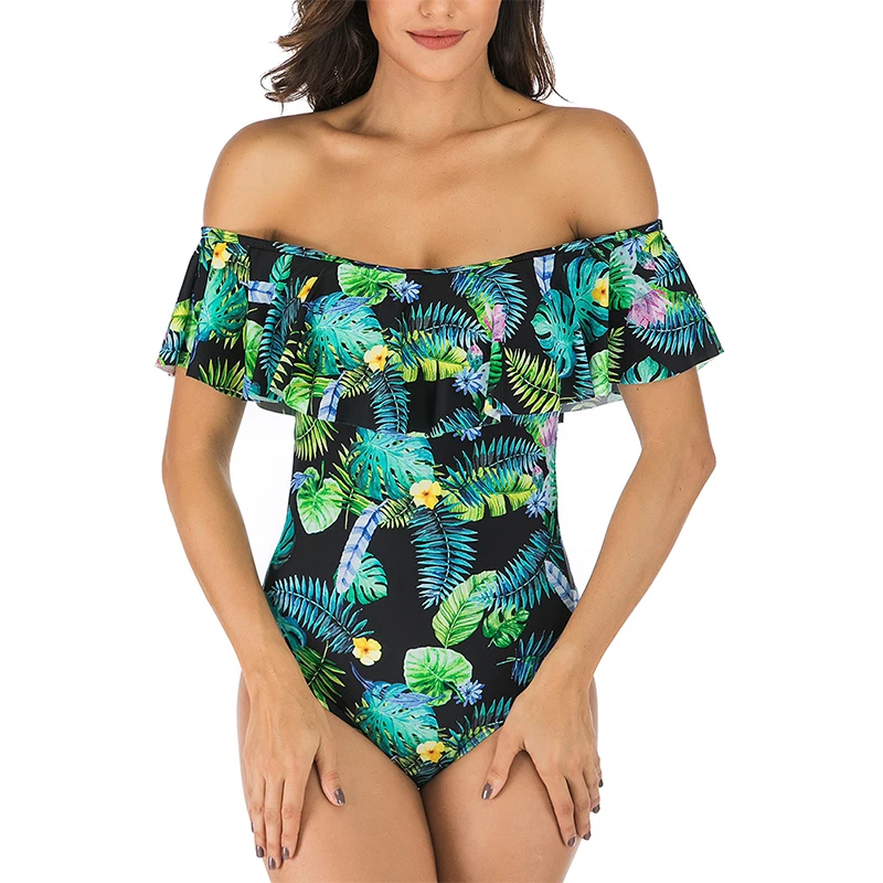 

2021 Womens Flounce Off-Shoulder One Piece Swimwear Solid Color Swimsuits Ruffles Beach Bathing Suit