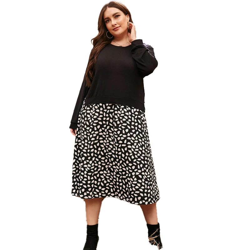 

cx-01 2020 5XL fashion Women Pattern Print Split overSized Dress New Round Neck Long Sleeve Loose Fit Spring Autumn