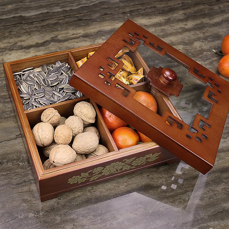 

Chinese compartment wooden storage box with lid living room melon fruit snack storage box for home CNLF