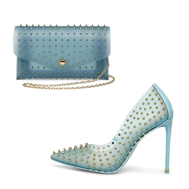 

OEM/ODM 2021 New Arrival Shoes And Bags Fashionable Stiletto Sexy Pointed Rivet Pumps Trendy Frosted Women's Shoes, Blue