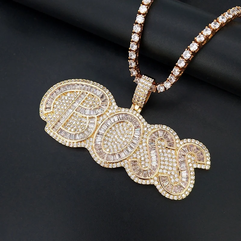 

Custom Letter Tennis Chain Neckalce Baguette Cz Diamonds Drop shipping Iced Out Necklace Boss Pendant