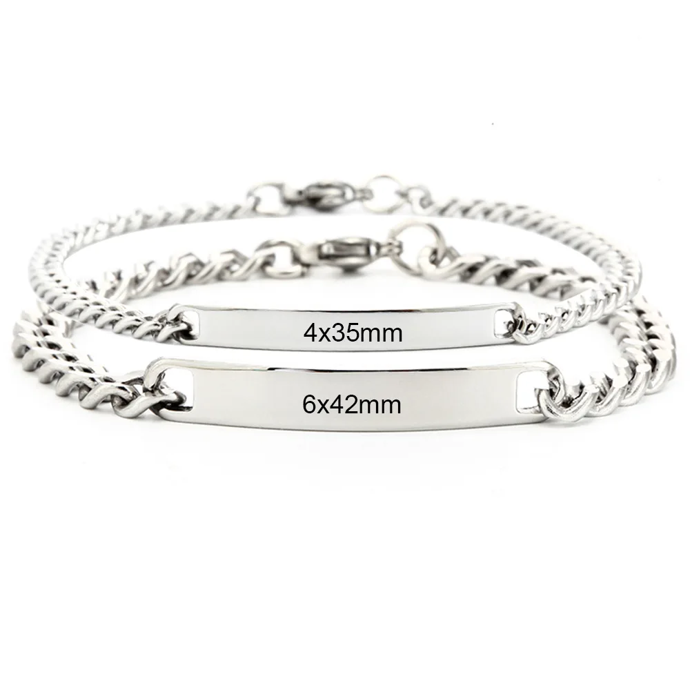 

4/6mm Customized Engraving Nameplate Couple Stainless Steel Chain Id bar Bracelets For Lover, Silver